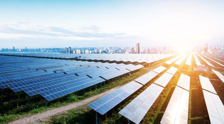 solar panels with the sunny sky. Blue solar panels. background of photovoltaic modules for renewable energy.